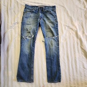 Express Men's Distressed Ripped Blue Kingston Classic Fit Boot Cut Jeans